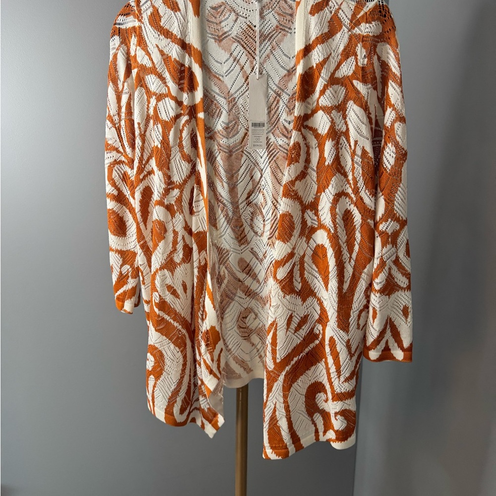 Chicos Orange and White Patterned Cardigan NWT